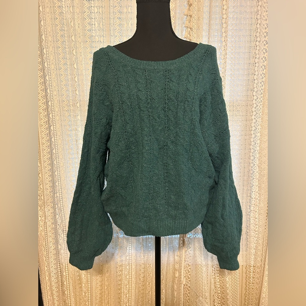 Green Cable Knit Sweater with Crisscross